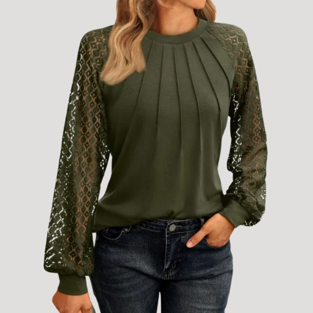 Blush Pink Blouse with Lace Sleeves & Pleated Front