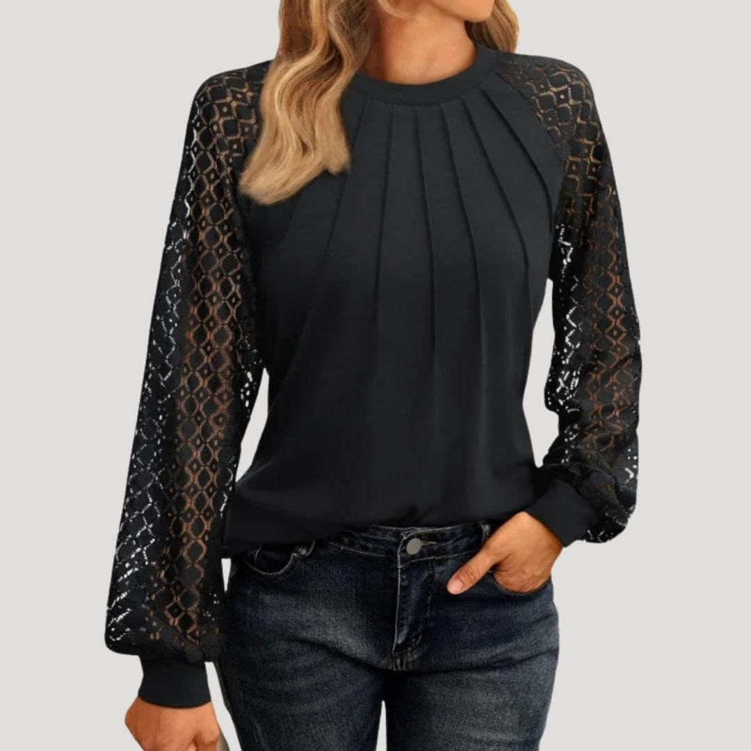 Blush Pink Blouse with Lace Sleeves & Pleated Front