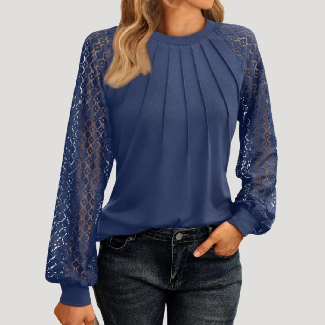 Blush Pink Blouse with Lace Sleeves & Pleated Front