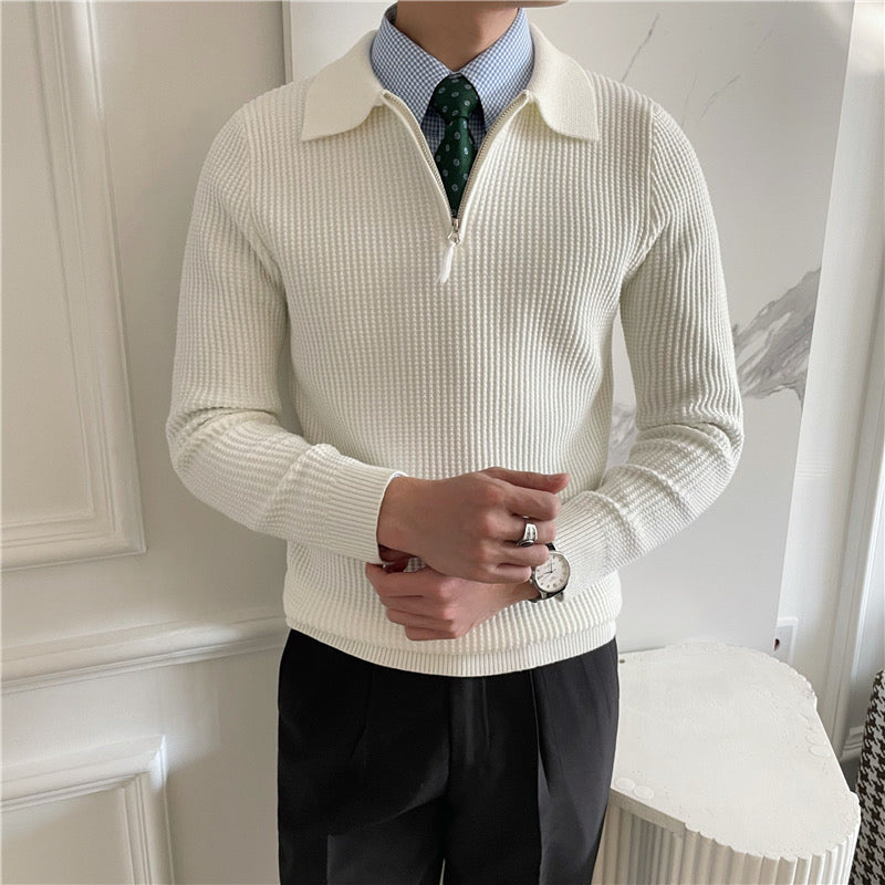Men’s Half-Zip Polo Knit Sweater – Premium Textured Cotton Blend