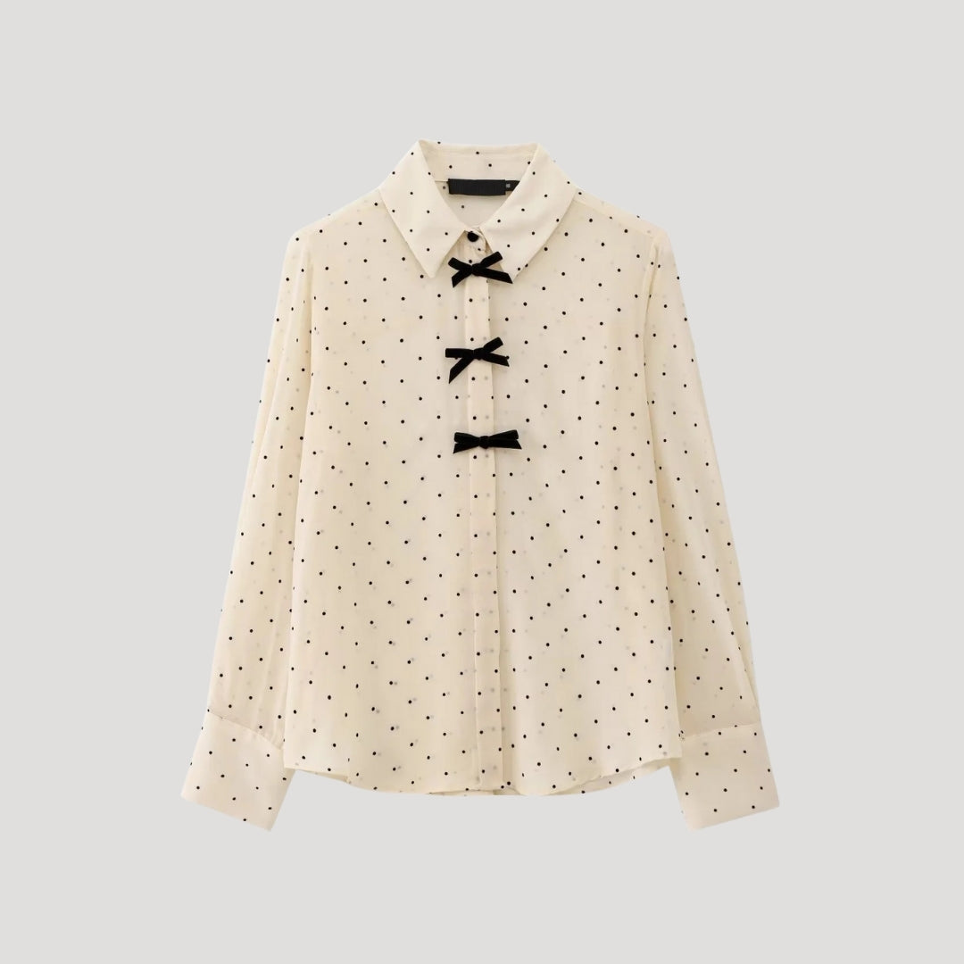 Polka Dot Chiffon Blouse with Bow Details – Cream
