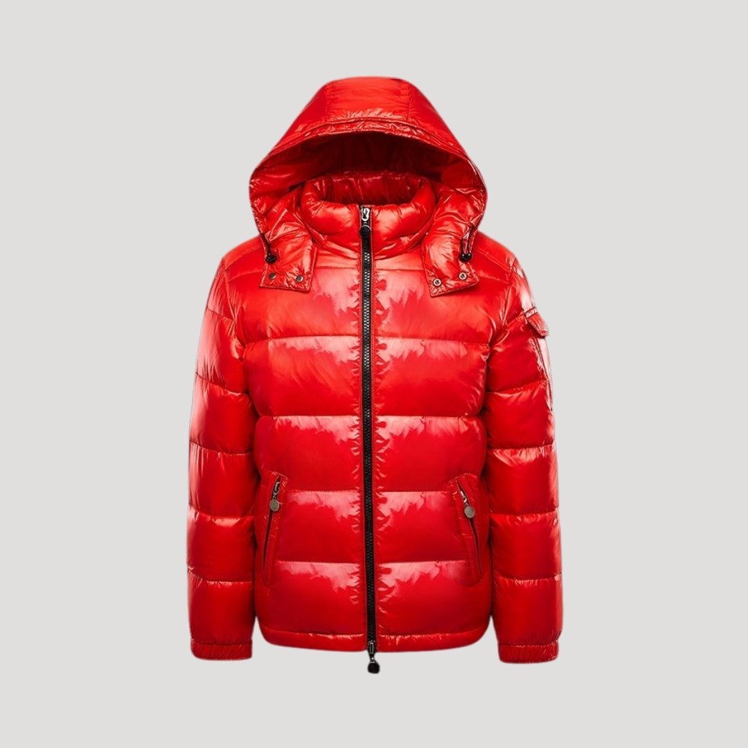 Men’s Glossy Black Hooded Puffer Jacket – Ultra Warm Winter Coat