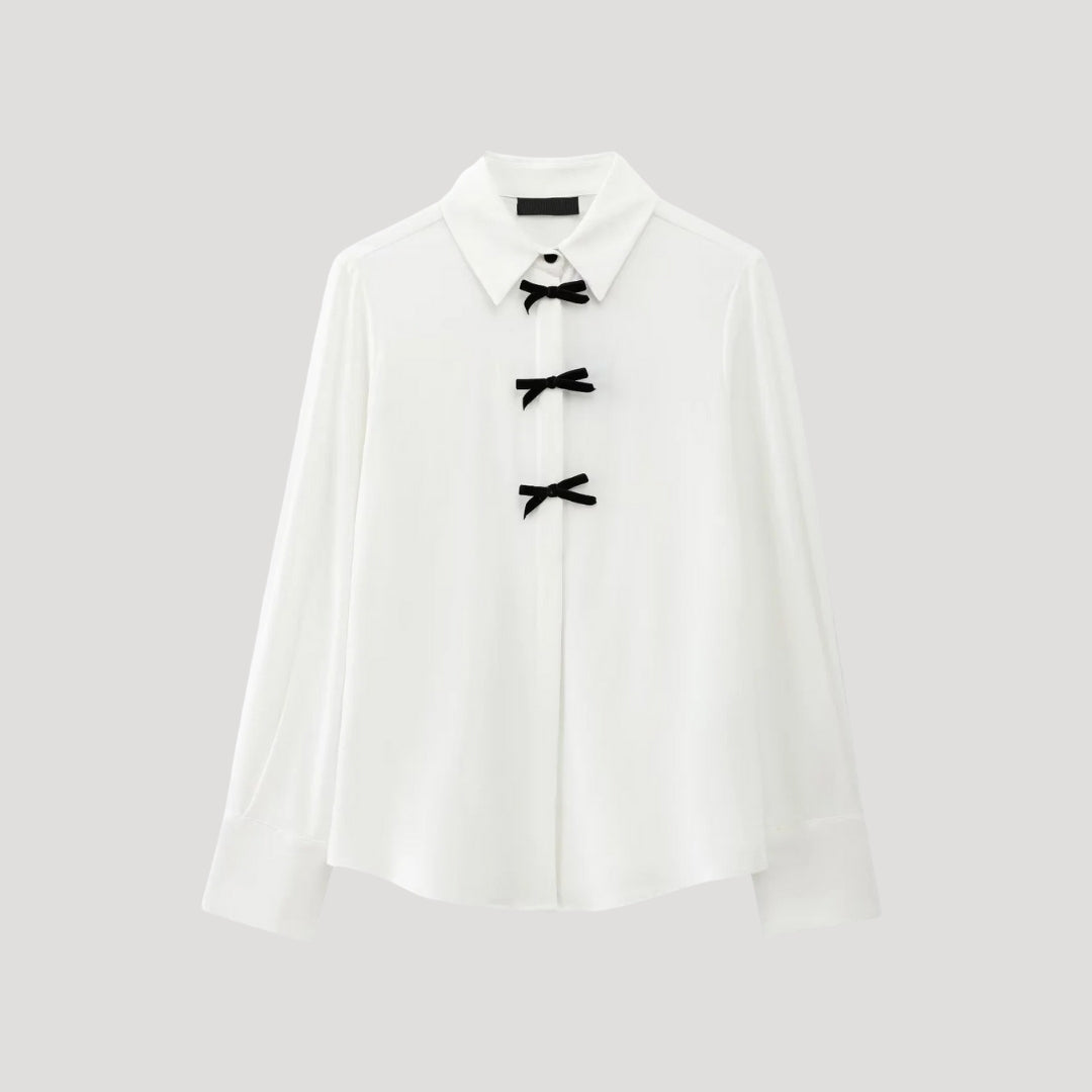 Polka Dot Chiffon Blouse with Bow Details – Cream