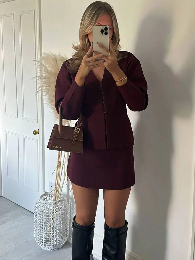 Women’s Two-Piece Button Front Skirt Set – Elegant Long-Sleeve Top & Mini Skirt