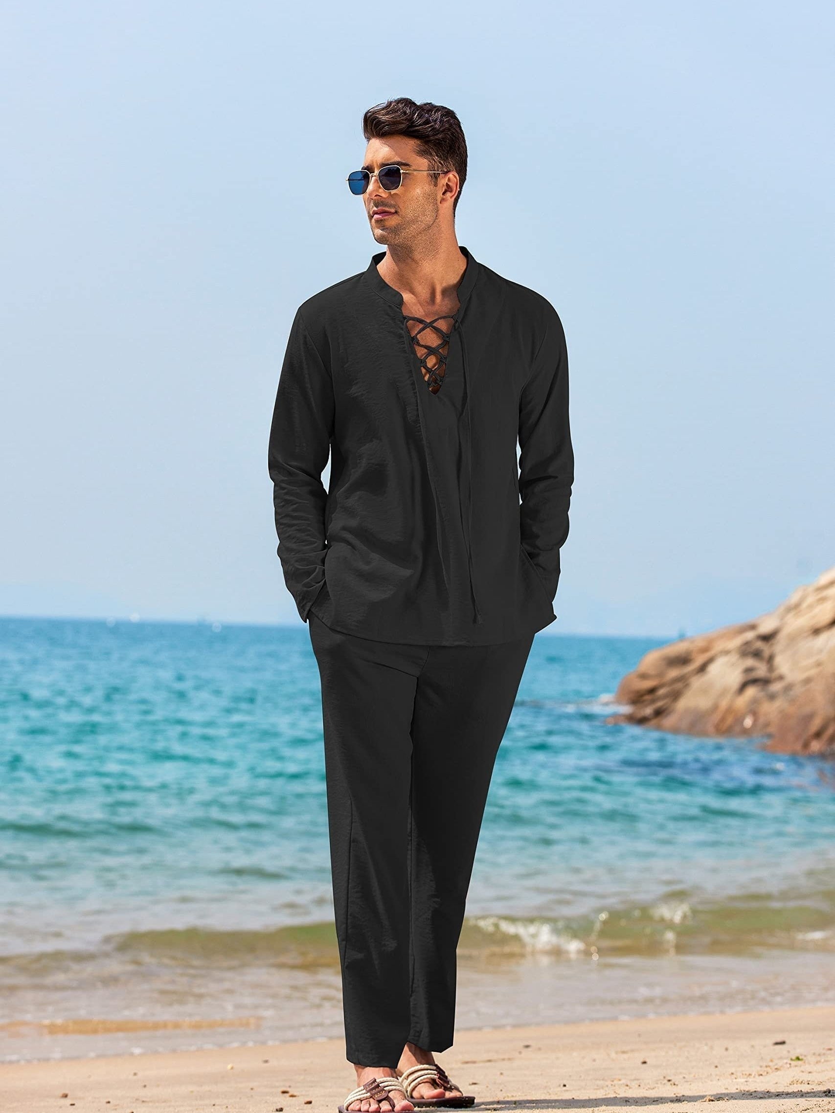 Men's Lace Up Long Sleeve Shirt and Relaxed Pants Two Piece Set