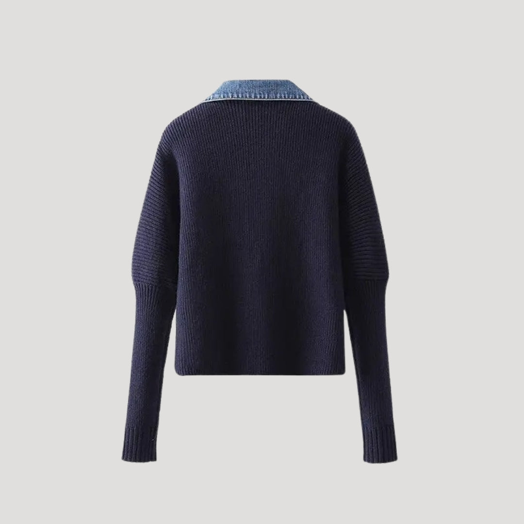 Women’s navy knit cardigan with denim trim