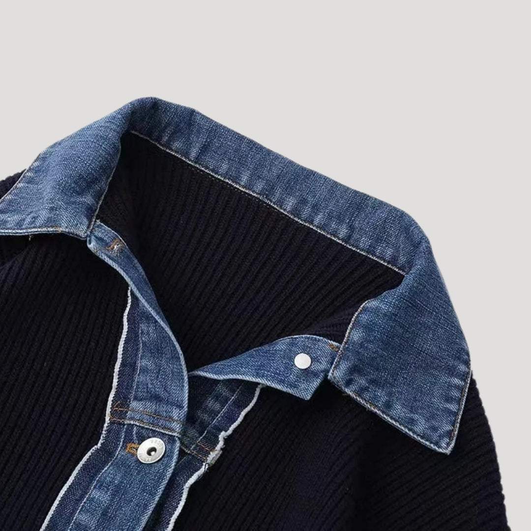 Women’s navy knit cardigan with denim trim