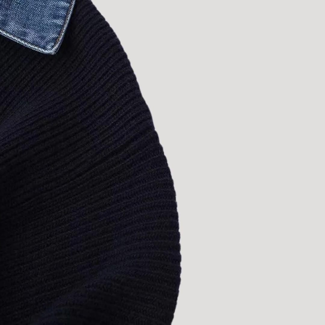 Women’s navy knit cardigan with denim trim