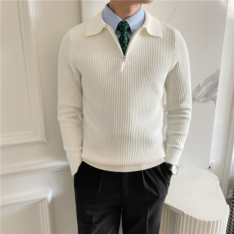 Men’s Half-Zip Polo Knit Sweater – Premium Textured Cotton Blend