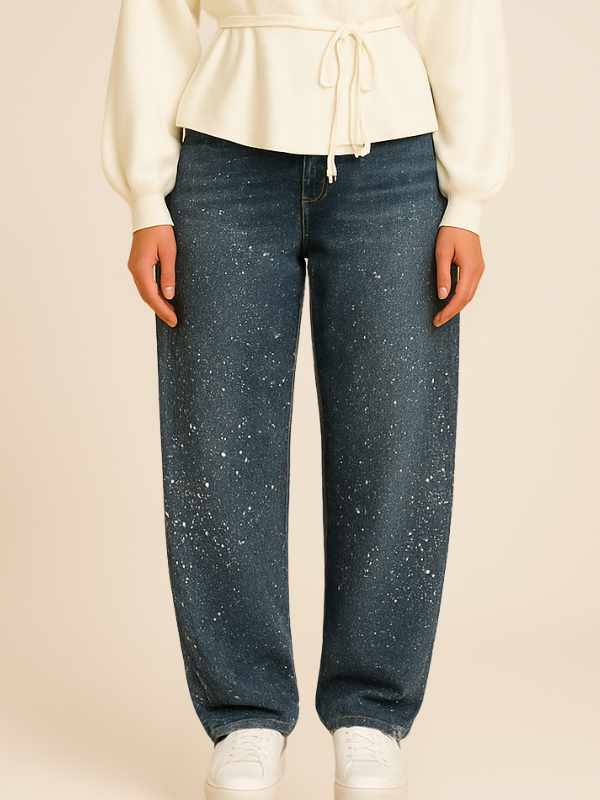 Women’s Paint-Splatter Straight Leg Jeans – Dark Blue High-Waist Denim