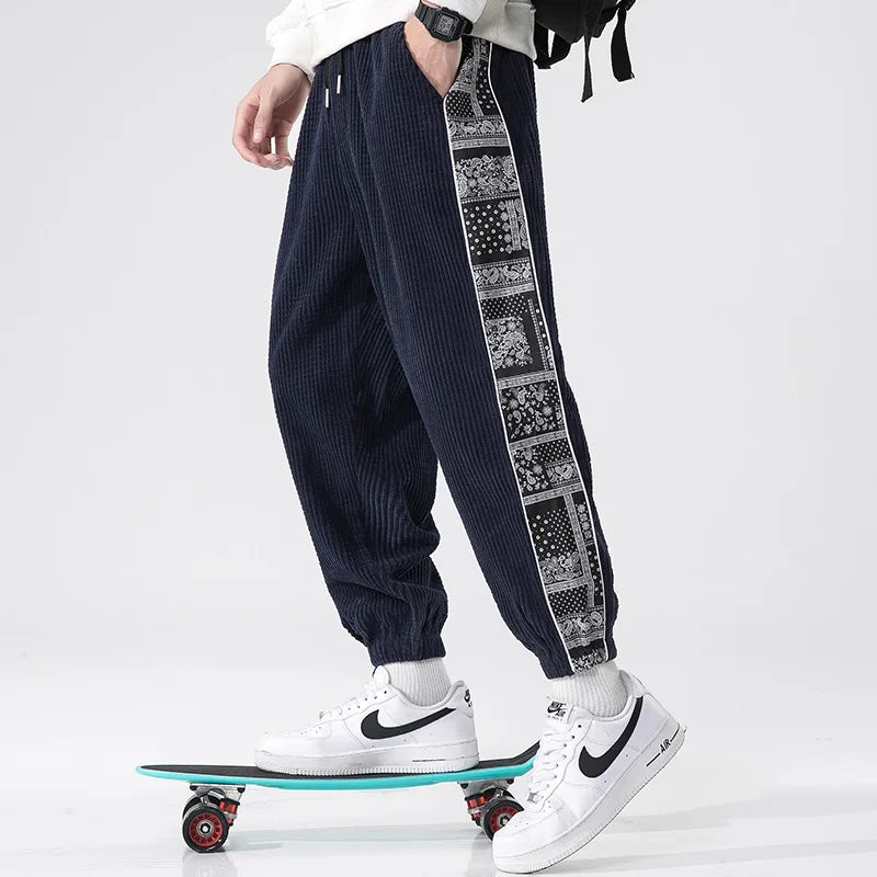 Men's Corduroy Trousers Loose Fit Jogger Style with Elastic Cuffs