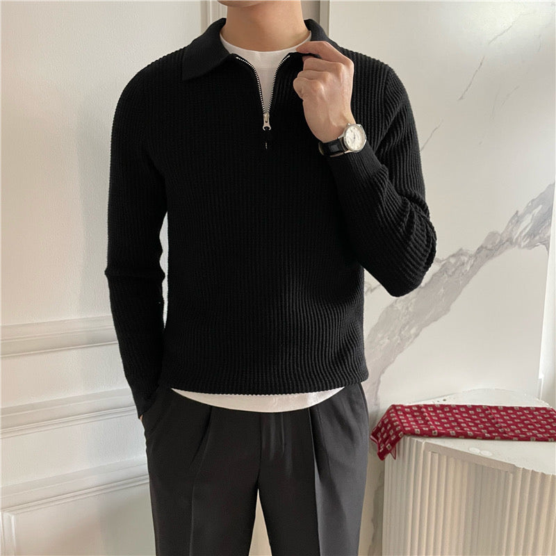 Men’s Half-Zip Polo Knit Sweater – Premium Textured Cotton Blend