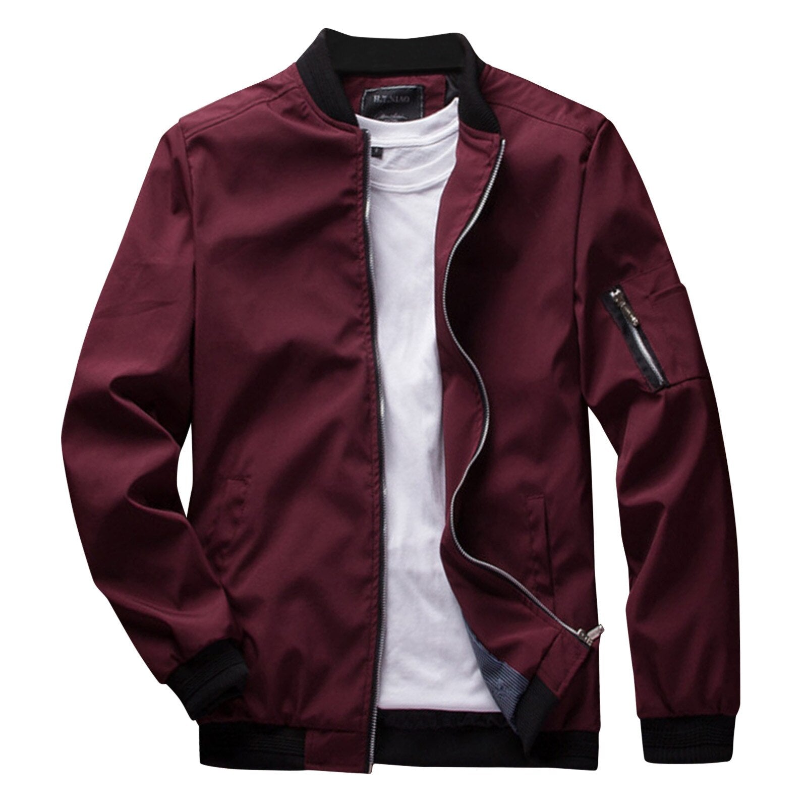 Men's Full-Zip Bomber Jacket - Ribbed Trim & Sleeve Pocket