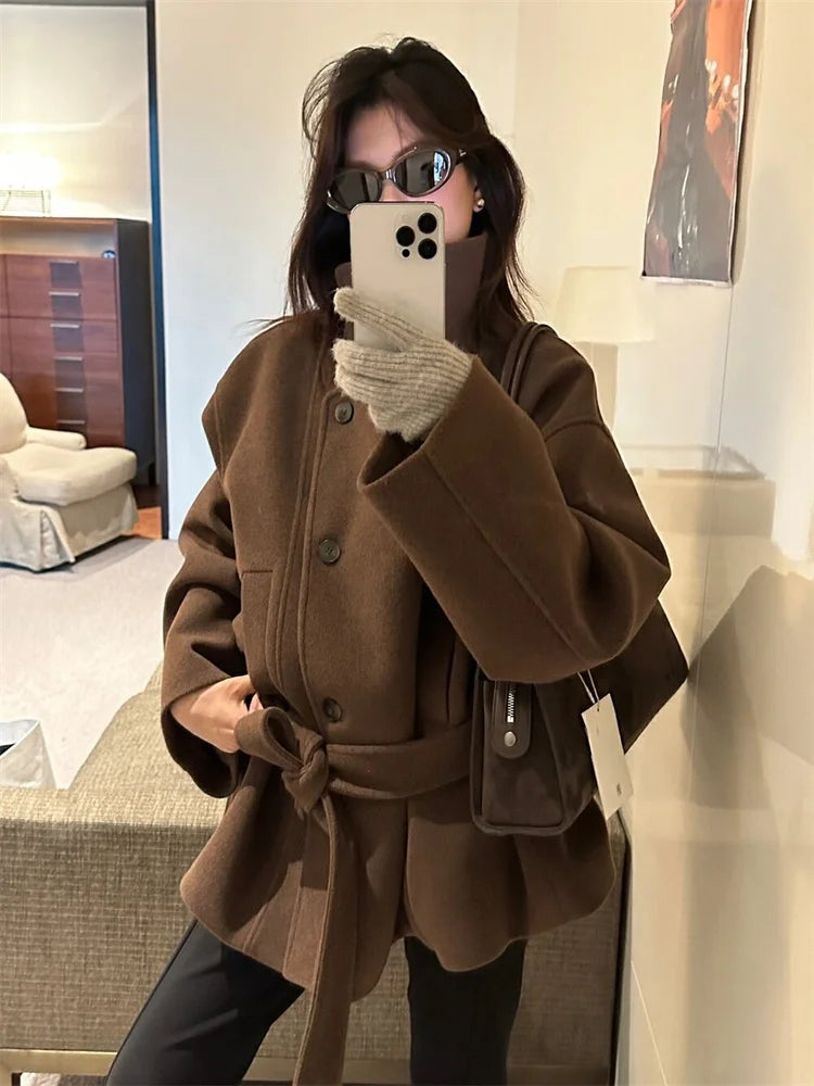 Women’s High-Neck Wool Blend Belted Short Coat – Elegant Winter Jacket