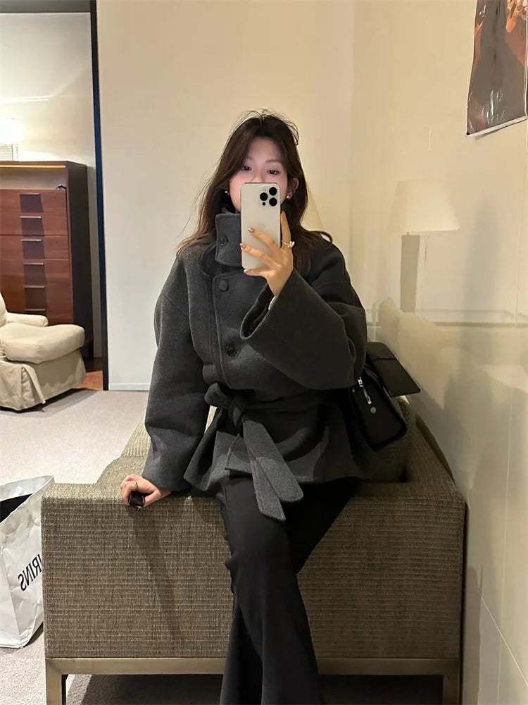 Women’s High-Neck Wool Blend Belted Short Coat – Elegant Winter Jacket