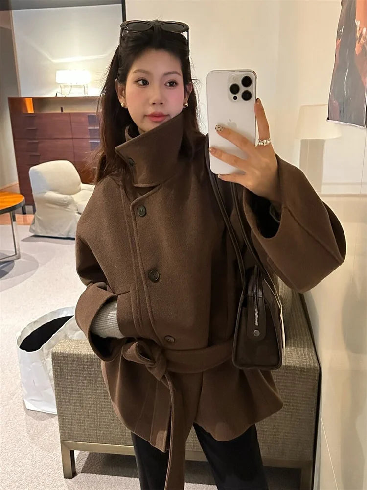 Women’s High-Neck Wool Blend Belted Short Coat – Elegant Winter Jacket