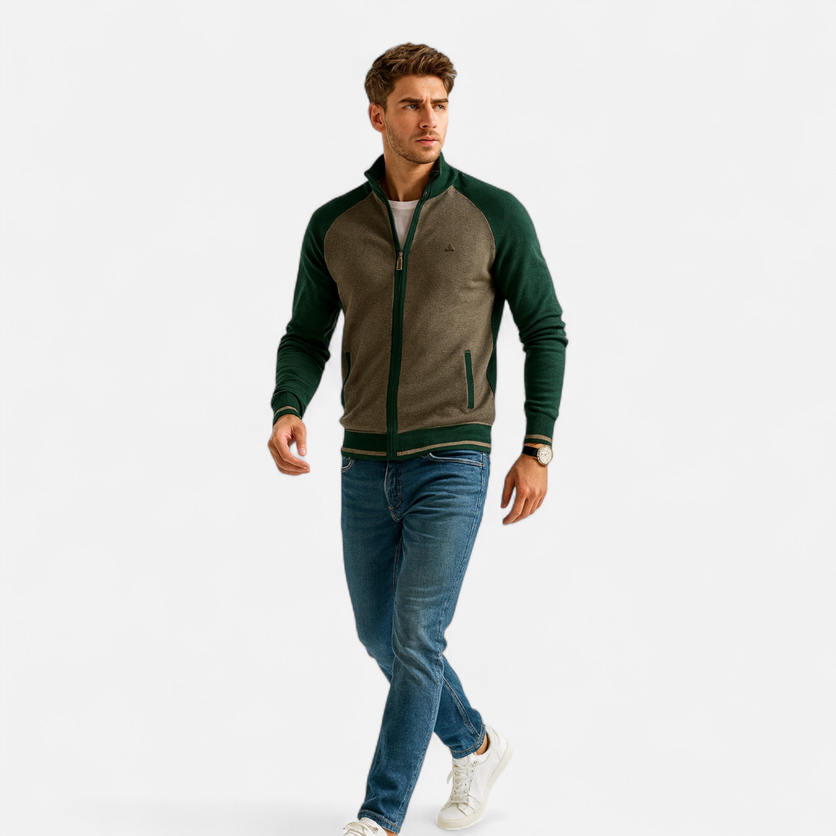 Heritage Zip-Up Knit Sweater – Dual-Tone Comfort & Classic Style