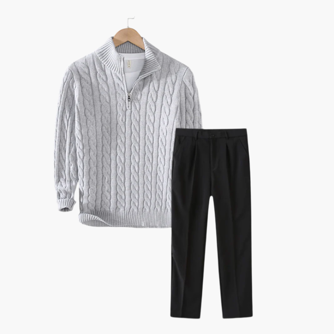 Cable Knit Zip Sweater & Tailored Trousers Set – Modern Smart Style by Luxoo