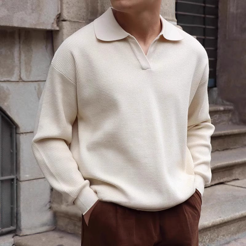 Men’s Knitted Polo Sweater – Lightweight Soft Cotton Blend Long Sleeve