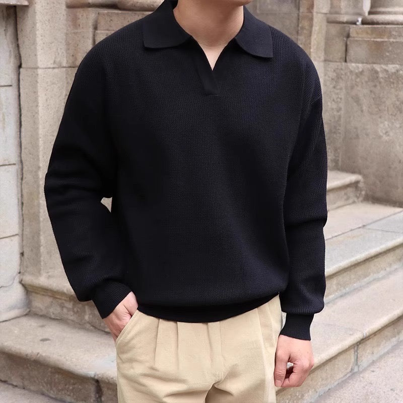 Men’s Knitted Polo Sweater – Lightweight Soft Cotton Blend Long Sleeve