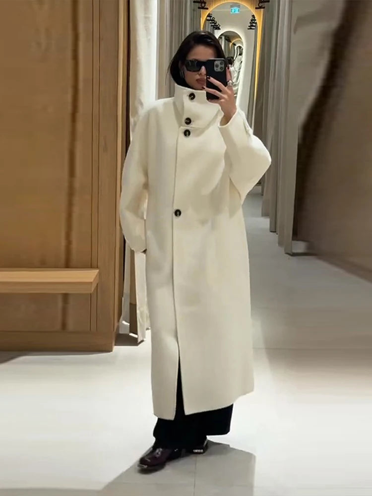 Premium High-Neck Long Wool Coat – Women’s Elegant Winter