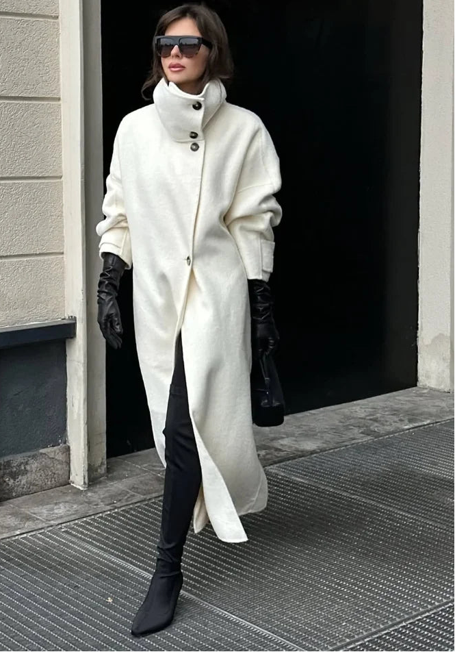 Premium High-Neck Long Wool Coat – Women’s Elegant Winter