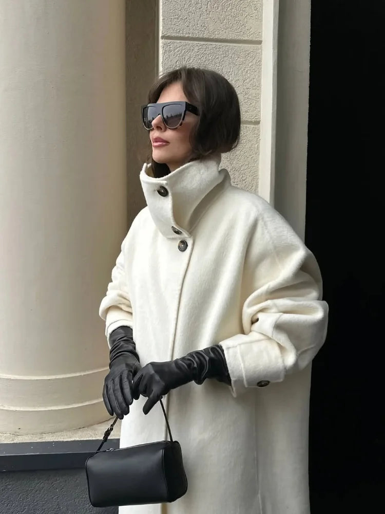Premium High-Neck Long Wool Coat – Women’s Elegant Winter