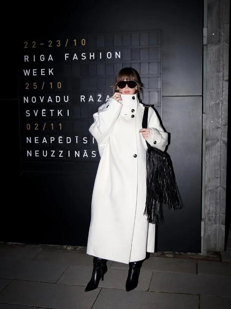 Premium High-Neck Long Wool Coat – Women’s Elegant Winter