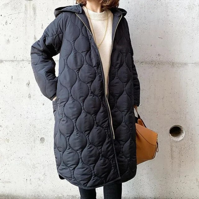 Women’s Quilted Long Hooded Coat – Lightweight Warm Winter Edition