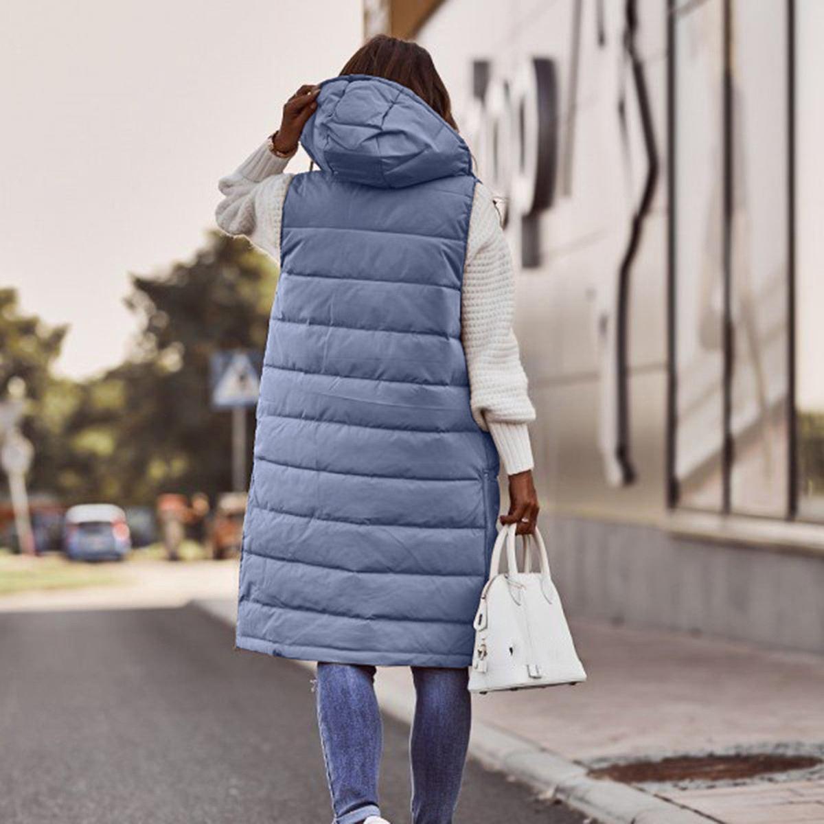 Long Hooded Sleeveless Bodywarmer With Pockets