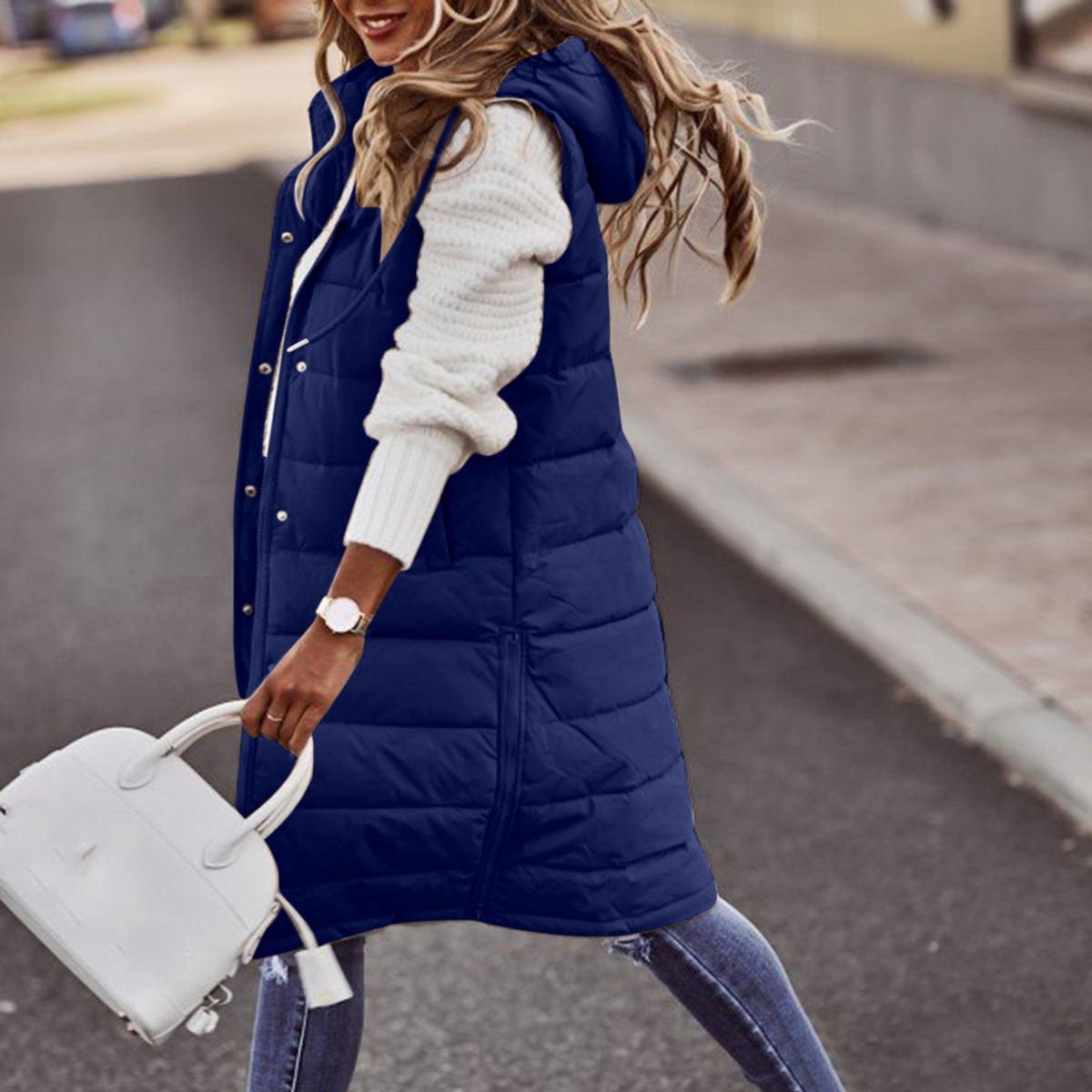 Long Hooded Sleeveless Bodywarmer With Pockets
