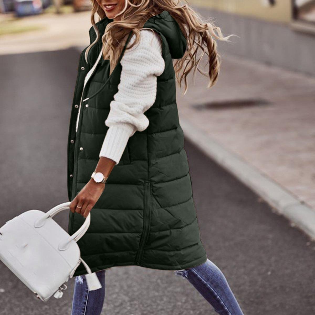 Long Hooded Sleeveless Bodywarmer With Pockets