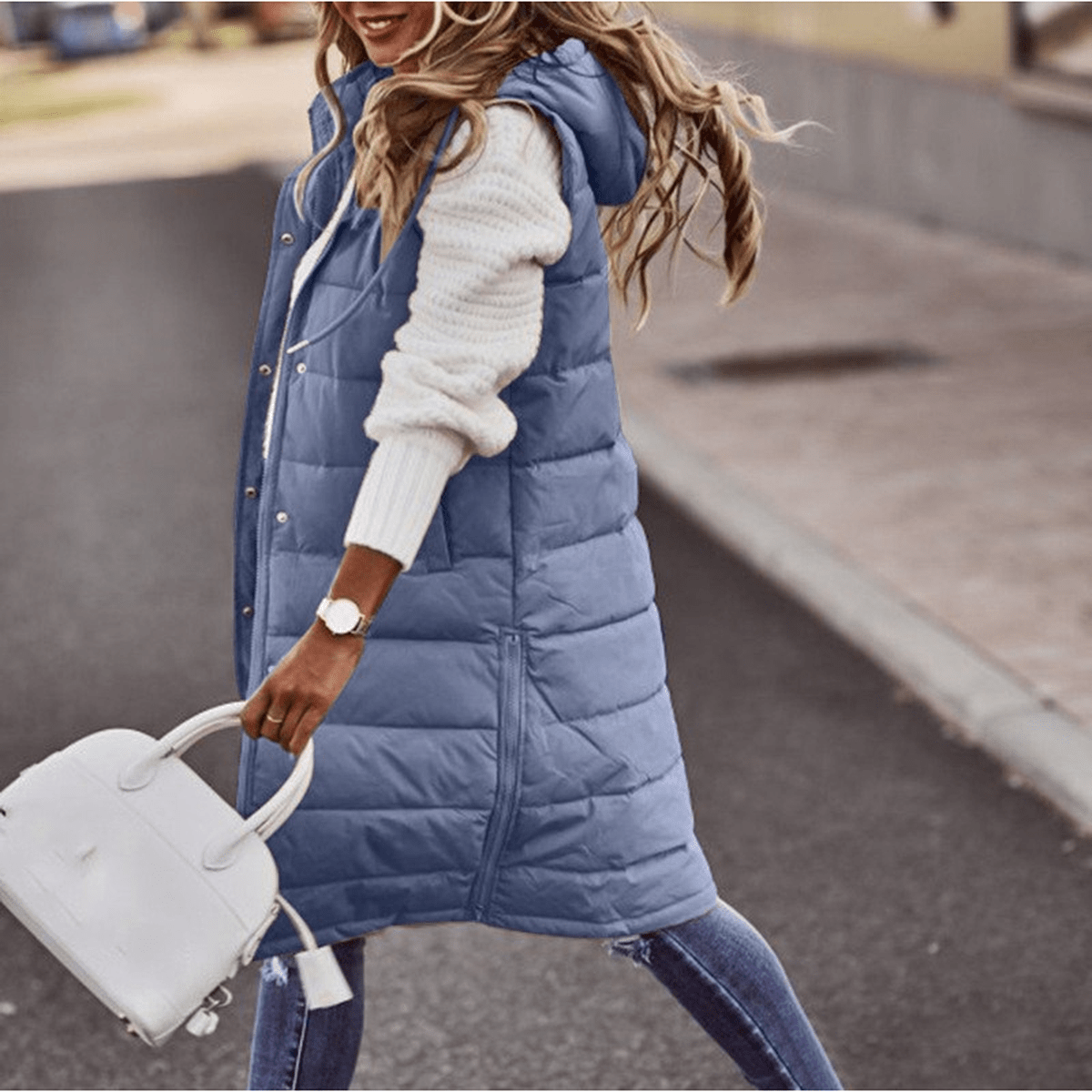 Long Hooded Sleeveless Bodywarmer With Pockets