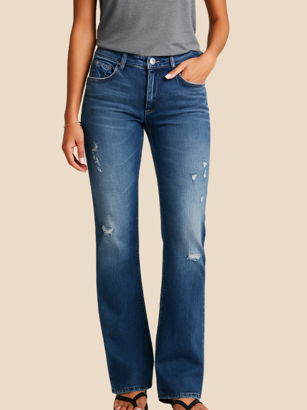 Women’s High-Waist Straight Leg Jeans – Distressed Vintage Blue Denim