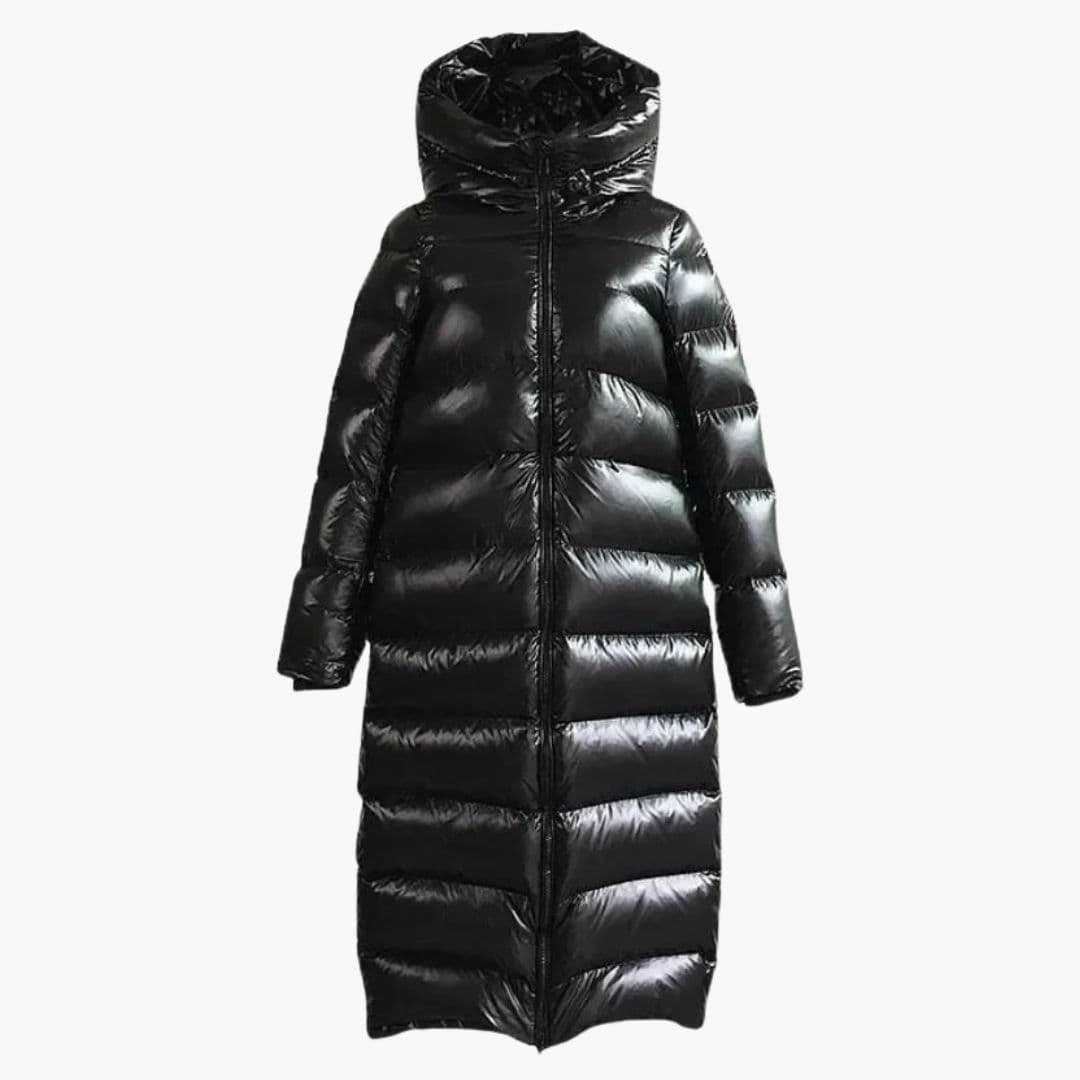 Women’s Long Glossy Puffer Coat – Warm Full-Length Hooded Winter Jacket