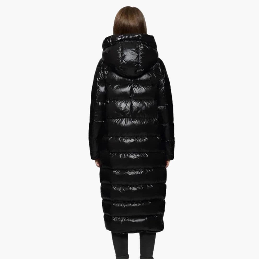 Women’s Long Glossy Puffer Coat – Warm Full-Length Hooded Winter Jacket