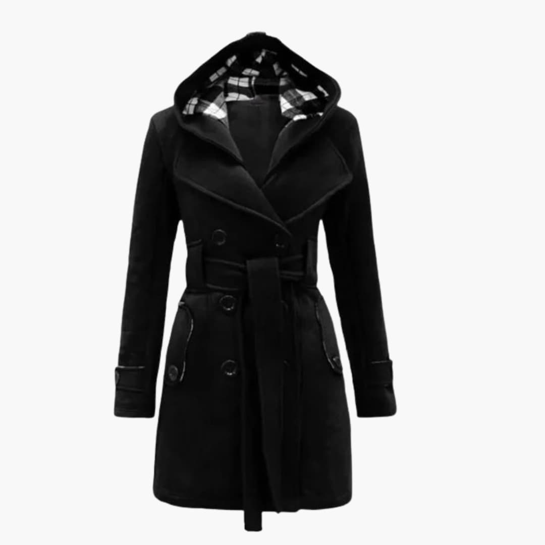 Women’s Belted Hooded Trench Coat – Double-Breasted Winter Jacket