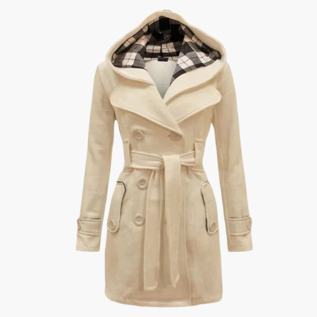 Women’s Belted Hooded Trench Coat – Double-Breasted Winter Jacket