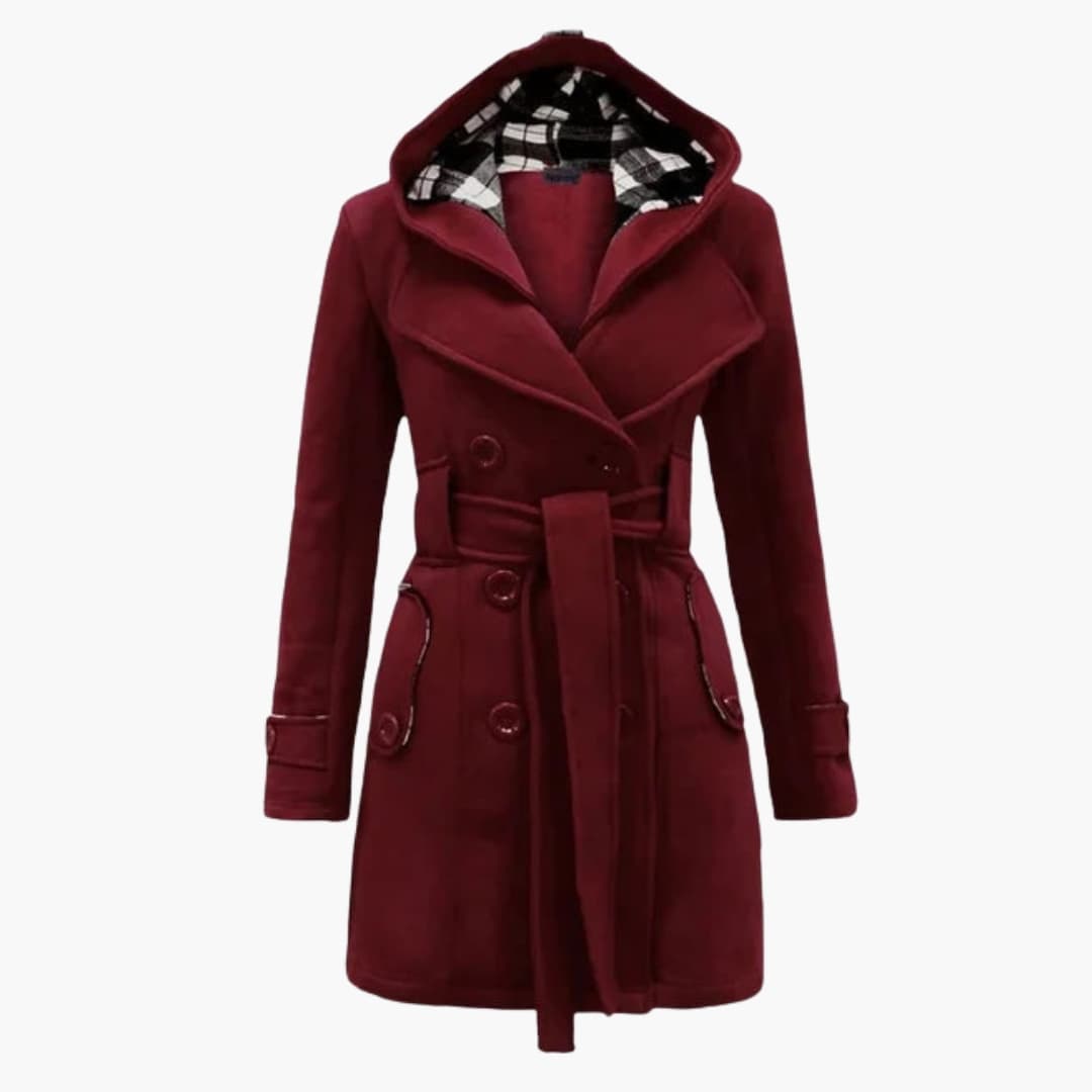 Women’s Belted Hooded Trench Coat – Double-Breasted Winter Jacket