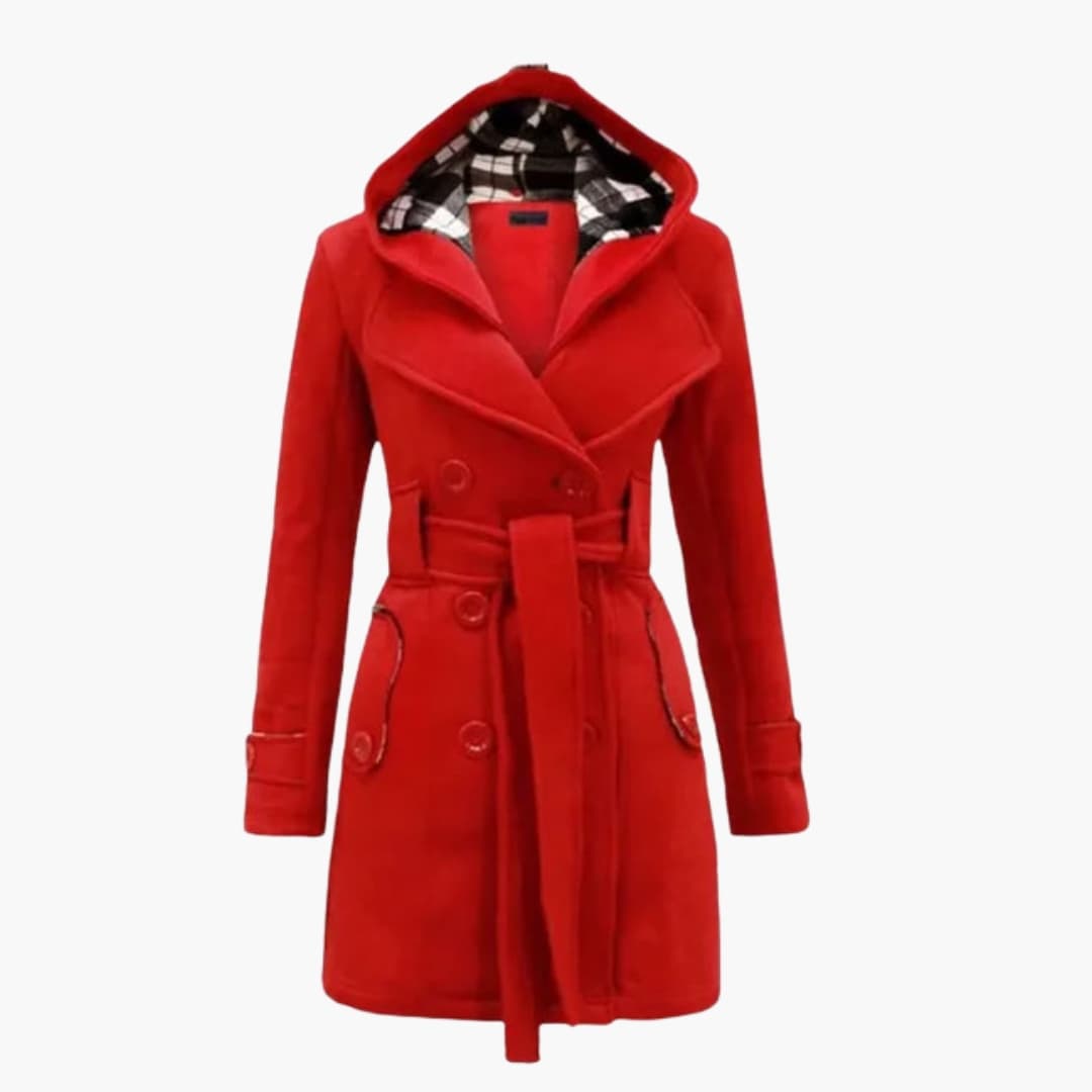 Women’s Belted Hooded Trench Coat – Double-Breasted Winter Jacket
