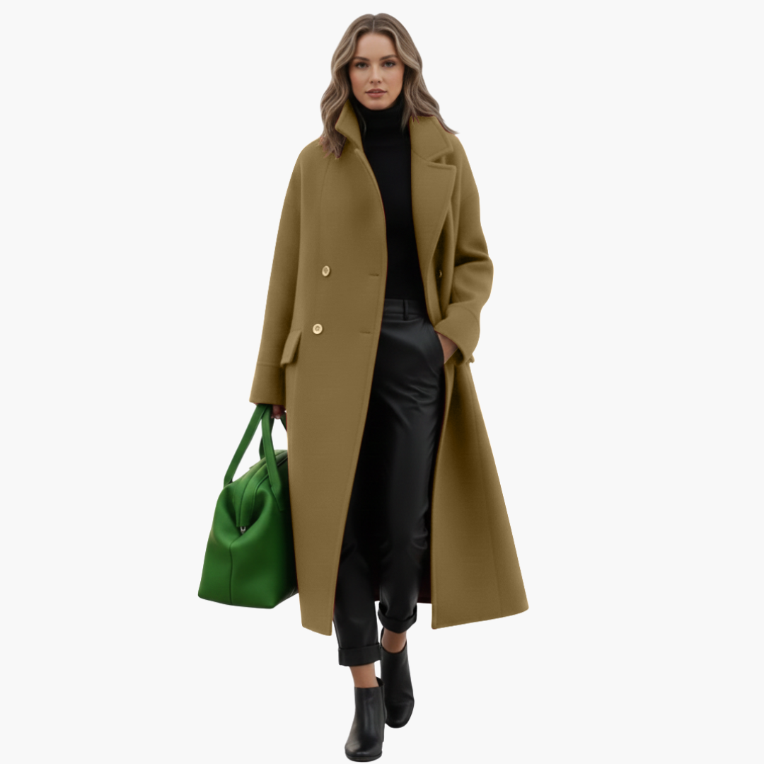Women’s Long Wool-Blend Coat – Elegant Tailored Winter Overcoat