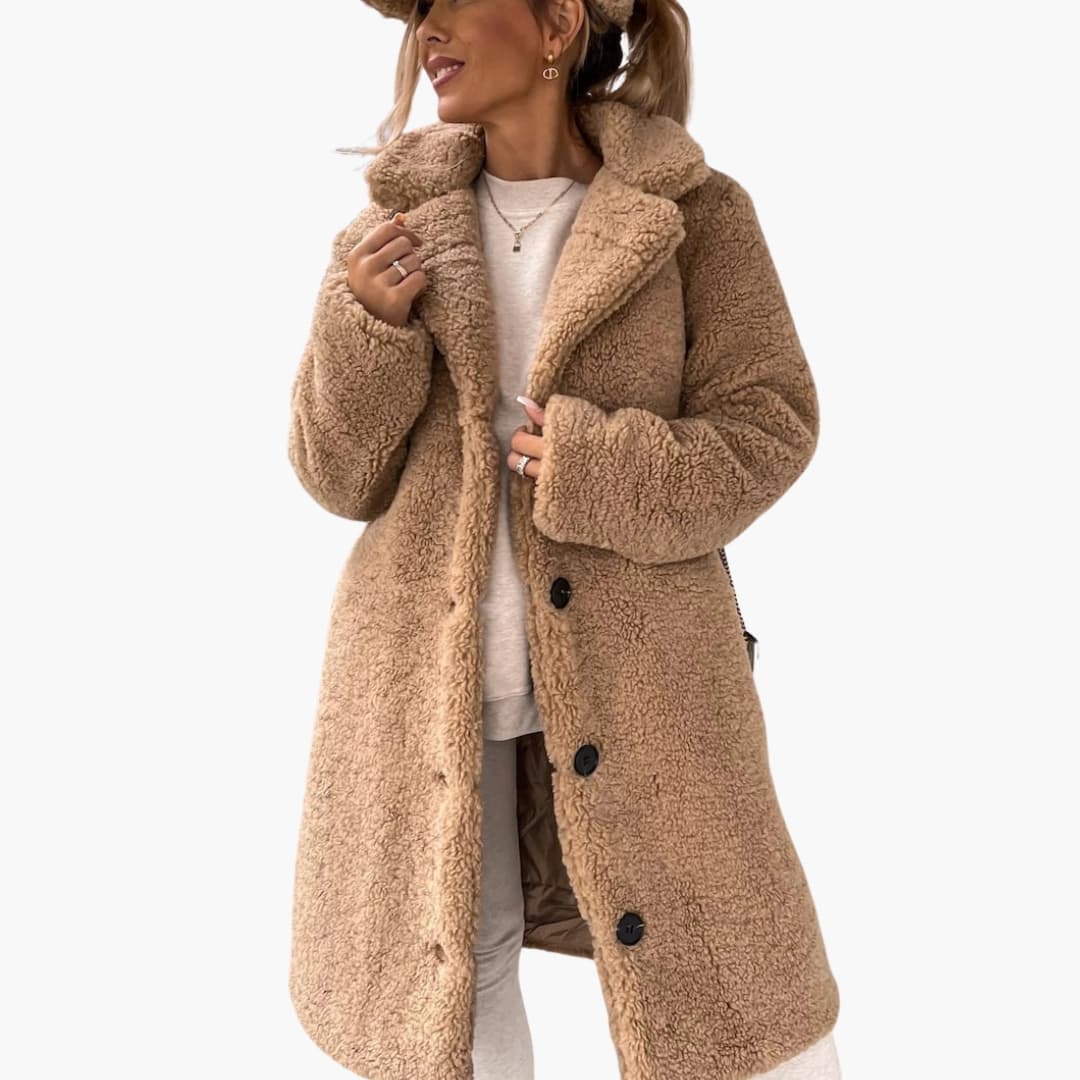 Women’s Button-Up Teddy Coat – Soft Warm Long Winter Jacket