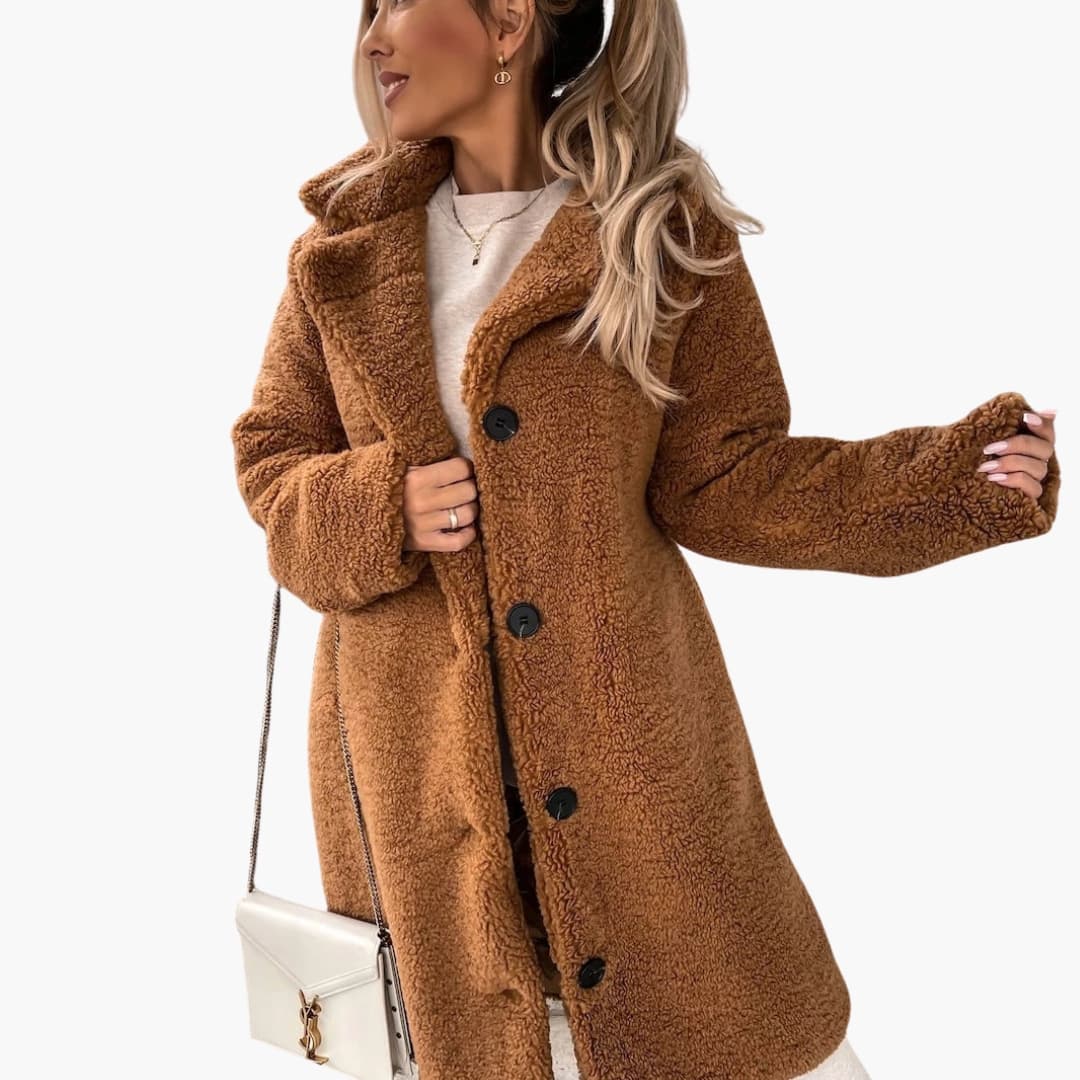 Women’s Button-Up Teddy Coat – Soft Warm Long Winter Jacket
