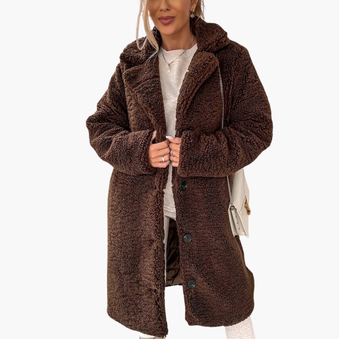 Women’s Button-Up Teddy Coat – Soft Warm Long Winter Jacket