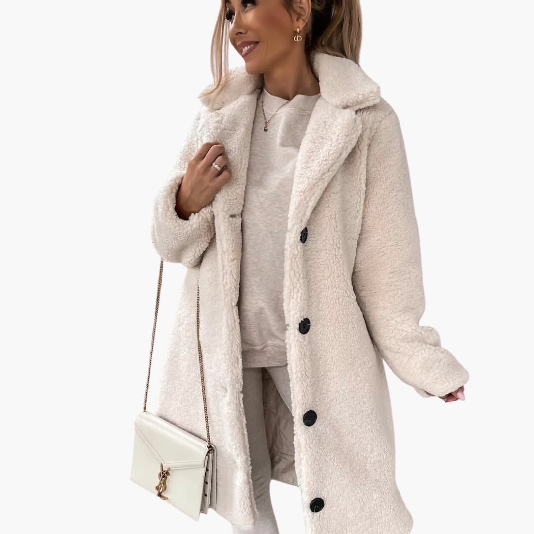 Women’s Button-Up Teddy Coat – Soft Warm Long Winter Jacket