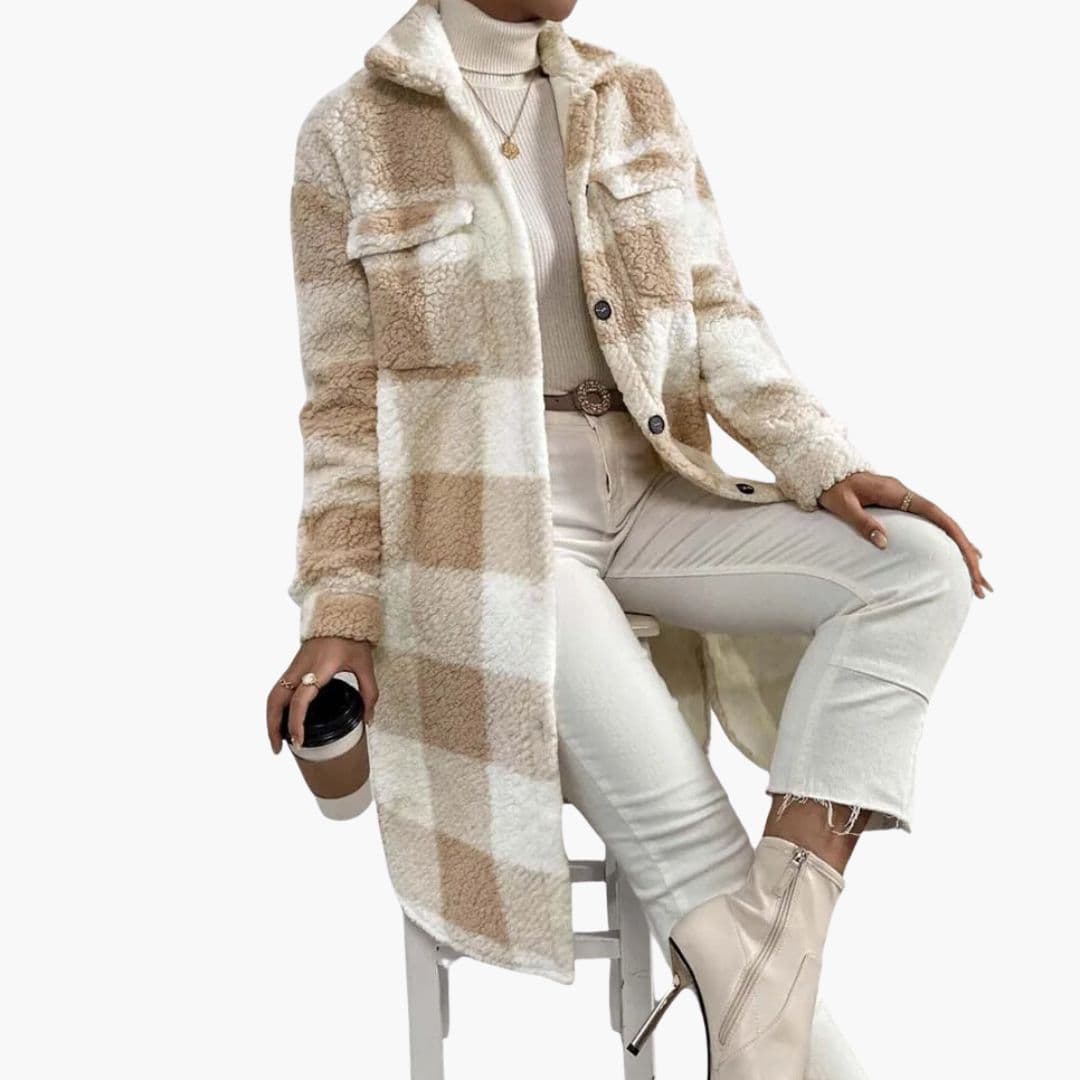 Women’s Long Teddy Check Coat – Soft Plaid Sherpa Jacket