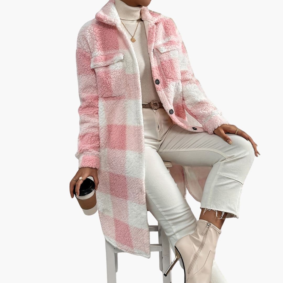 Women’s Long Teddy Check Coat – Soft Plaid Sherpa Jacket