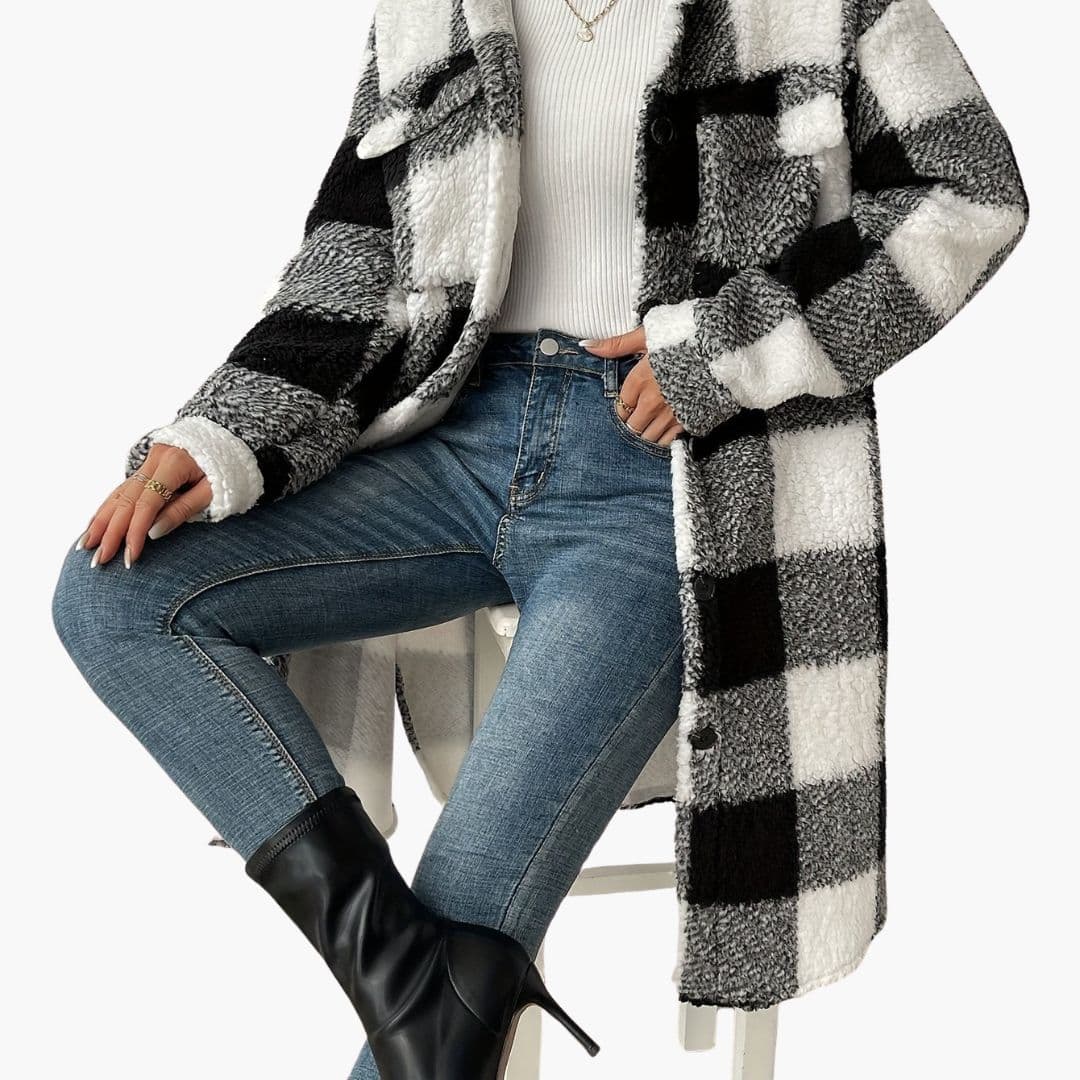 Women’s Long Teddy Check Coat – Soft Plaid Sherpa Jacket