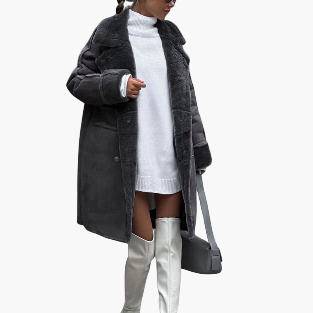 Women’s Oversized Shearling Panel Coat – Soft Faux Suede Winter Jacket