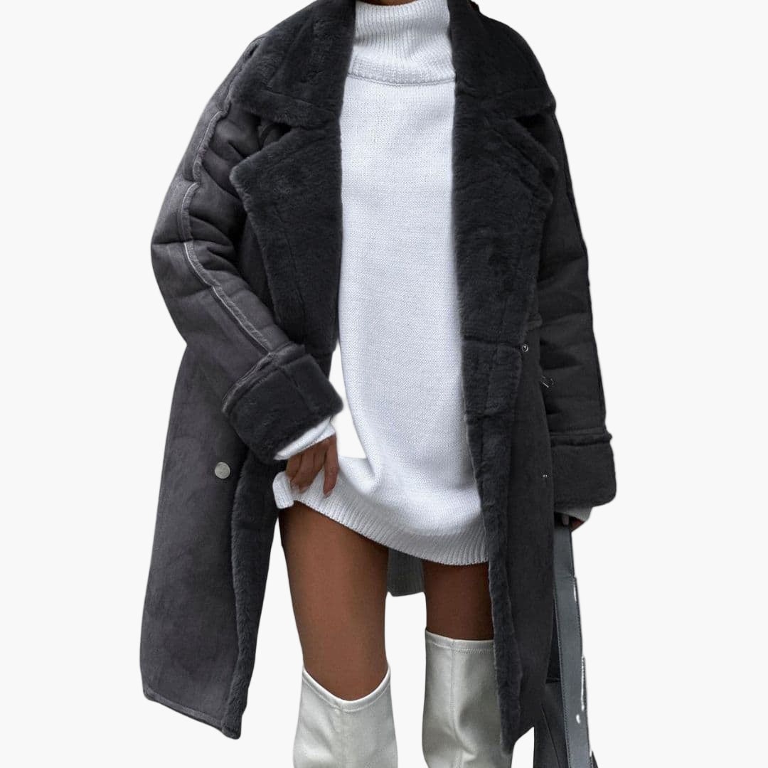 Women’s Oversized Shearling Panel Coat – Soft Faux Suede Winter Jacket